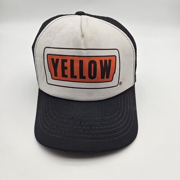 Yellow Hat Cap Snap Back Black White Mesh Trucker 80s Retro Advertising Mens - Picture 1 of 9